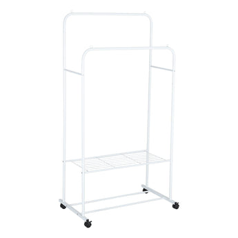 White clothes rack with two upright frames, bottom wire shelf, and caster wheels
