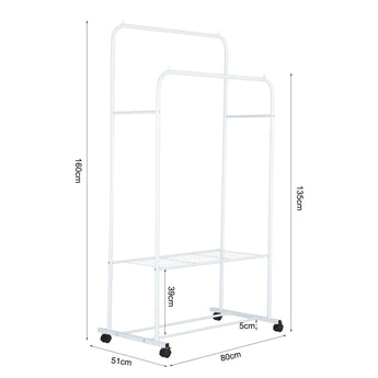 Clothes rack dimensions: 80cm wide, 51cm deep, 135cm tall, white frame