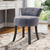 Grey ice velvet upholstered dressing table chair with round seat and dark legs