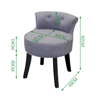 Grey ice velvet dressing table chair with button back, round seat, and dark legs; 62cm H