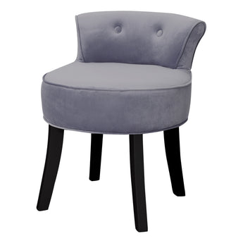 Light grey ice velvet upholstered dressing table chair with round seat and dark legs