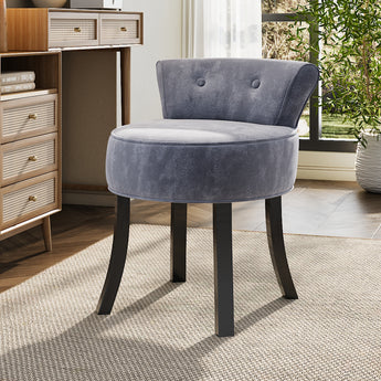 Grey ice velvet upholstered dressing table chair with button back and dark wooden legs