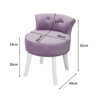 Purple velvet dressing stool chair with curved seat, button-tufted back, and white legs