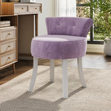 Purple velvet vanity chair stool with wide rounded seat, button-tufted back, and white legs