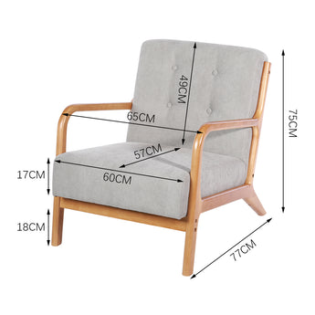 Grey tufted linen armchair with size measurements shown: 65cm wide and 75cm deep.