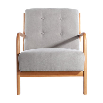 Grey upholstered armchair with button-tufted back and light wood arms, close front view.