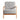 Grey upholstered armchair with button-tufted back and light wood arms, close front view.