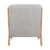 Grey tufted linen armchair back panel with light wood legs and frame, rear view.