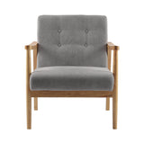Grey upholstered armchair with button-tufted back and seat, plus light wood legs