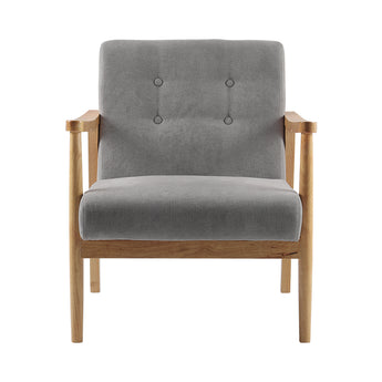 Grey upholstered armchair with button-tufted back and seat, plus light wood legs