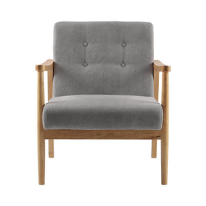 Grey upholstered armchair with button-tufted back and seat, plus light wood legs