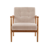 Beige upholstered armchair with button-tufted back and seat, plus light wood legs