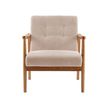 Beige upholstered armchair with button-tufted back and seat, plus light wood legs