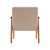 Beige upholstered armchair with simple back panel and light wood legs