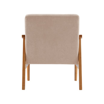 Beige upholstered armchair with simple back panel and light wood legs