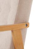 Beige upholstered armchair armrest with rubberwood leg and metal fastener