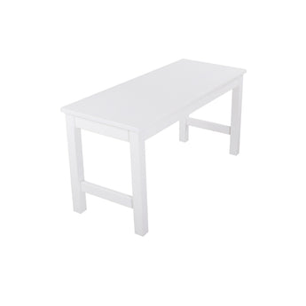 White pine bench in angled view with flat top and open side frame