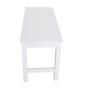 White pine bench side view with slatted shelf-style panel under the tabletop