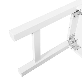 White pine bench with metal hardware bracket attached to the frame and legs