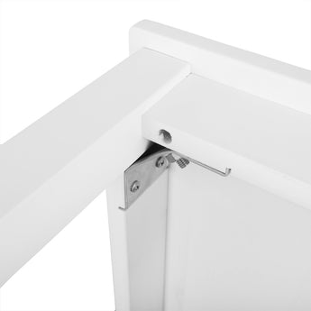 White pine bench hardware connection with metal bracket and screws on frame