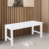 White pine bench with slatted frame and open side panels, rectangular tabletop