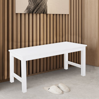 White pine bench with slatted frame and open side panels, rectangular tabletop