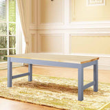 Pine wood bench with light yellow top and gray-blue legs, simple straight design.