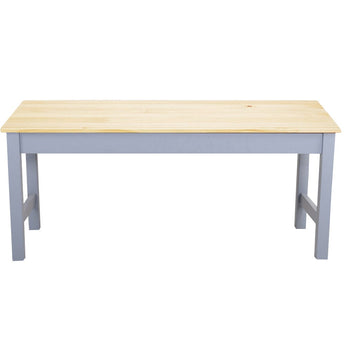 Light pine wood bench with gray-blue legs and smooth rectangular tabletop.