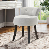 Greyish white ice velvet upholstered dressing table chair with round seat and dark legs
