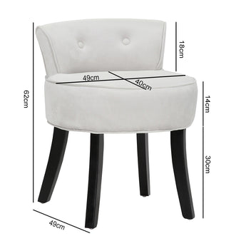 Greyish white ice velvet upholstered dressing table chair with round seat and dark legs