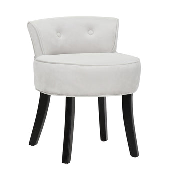 Greyish white ice velvet upholstered dressing table chair with button back and black legs