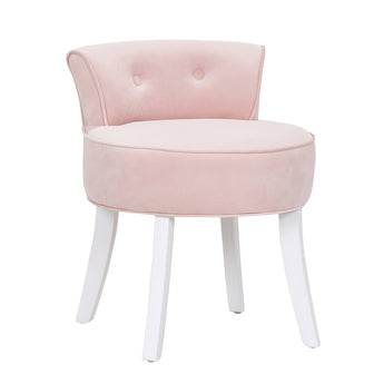 Light pink velvet dressing stool chair with rounded seat, button-tufted back, and white legs