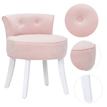 Light pink velvet dressing stool chair with button-tufted back, rounded seat, and white legs