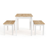 White dining table set with natural pine top and two matching benches