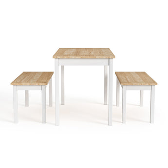 White dining table set with natural pine top and two matching benches