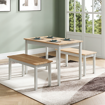 Esstisch-Set mit Tisch und 2 Bänken, naturfarbene Holzplatte, weißes Metallgestell