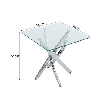 Square glass-top table with chrome metal cross legs, 55cm