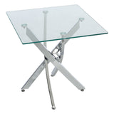 Clear glass-top metal table with chrome support legs and cross-brace