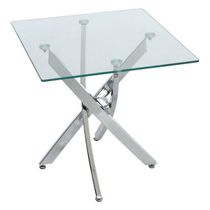 Clear glass-top metal table with chrome support legs and cross-brace