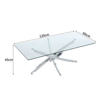 Rectangular glass-top metal table, 120cm x 60cm, chrome cross legs