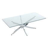 Rectangular glass-top metal table with 4 glass feet posts, chrome X base