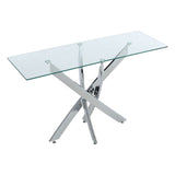 Rectangular glass-top metal table with chrome crossed base and leveling feet