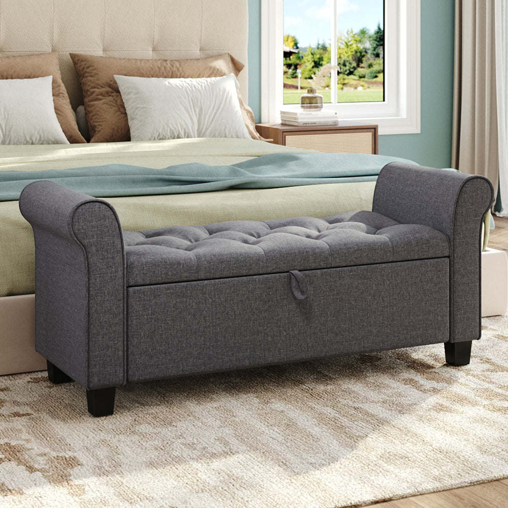 Dark Grey Linen Storage Bench Armrests Hidden Storage Ottoman