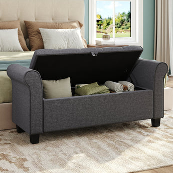 Gray storage bench ottoman with open lid showing interior storage compartment