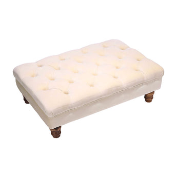 Cream velvet ottoman footstool with button-tufted top and gourd-shaped wooden legs