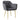 Gray upholstered dining chair side view, tufted back and gold tapered legs