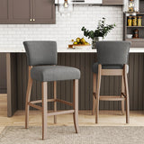 Dark grey linen bar stool set, square back and upholstered seat with footrest