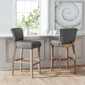 Dark grey linen bar stool set, tall backrest and cushioned seat
