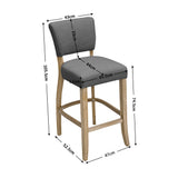 Dark grey linen bar stool with curved back, light wood legs, round footrest