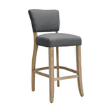 Grey upholstered bar stool with curved back, light wood frame and round footrest